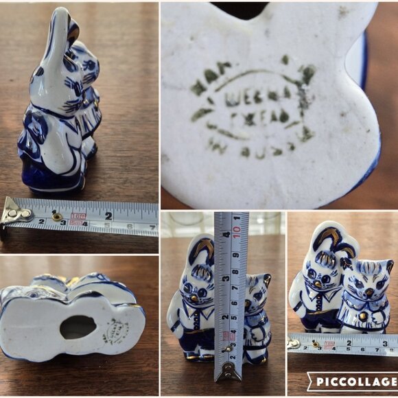 Set of 3 Gzhel Figurines Hand Painted Gilded Porcelain VTG Bunny Cat Rooster Pig - Picture 8 of 16